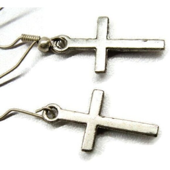 Cross Religious Silver Tone Vertical Drop Dangle Hook Earrings Womans - Picture 4 of 5